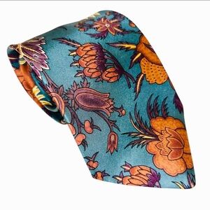 Vintage Henry Grethel Mens Tie Italy Woven Silk Teal & Orange Floral 58x3.5” USA